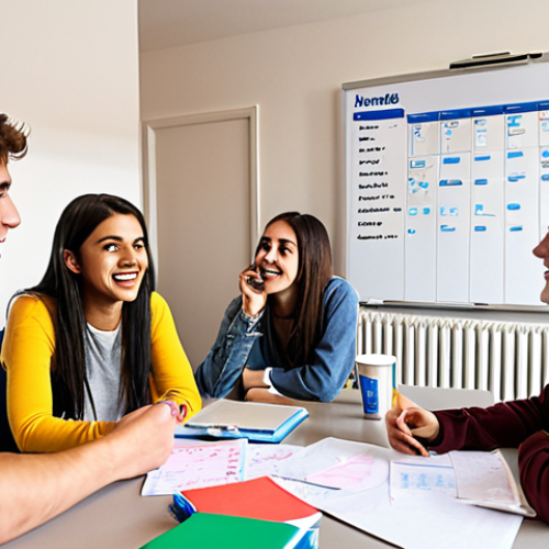Home 4 **
A brightly lit common room in a student house. Several young adults are gathered around a table, engaged in a lively but friendly discussion. A whiteboard in the background displays a cleaning schedule. Empty coffee cups and notepads are scattered on the table. The overall atmosphere is collaborative and positive.
**