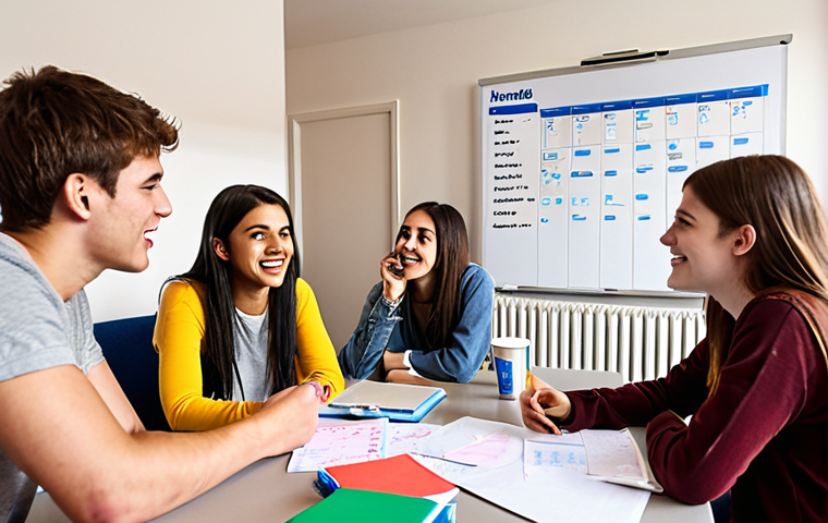 **
A brightly lit common room in a student house. Several young adults are gathered around a table, engaged in a lively but friendly discussion. A whiteboard in the background displays a cleaning schedule. Empty coffee cups and notepads are scattered on the table. The overall atmosphere is collaborative and positive.
**
